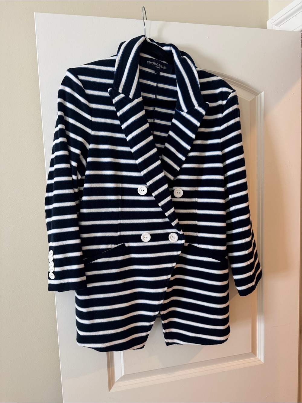 Veronica Beard Navy and White Striped Double-Breasted Blazer